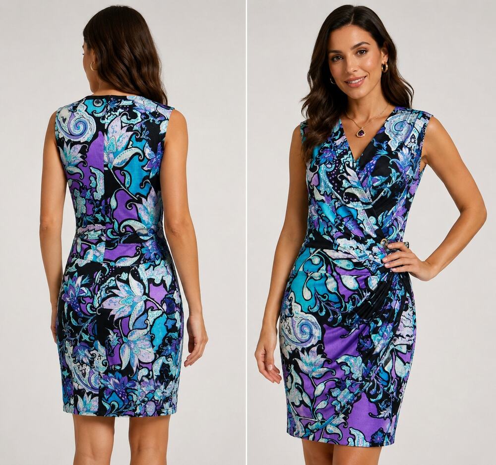 Cache Multicolor Faux Wrap Dress Stretch Self Belt Lined Fitted NWT $168 Sz 6
